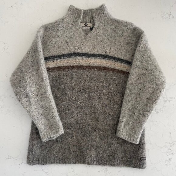 Fisherman Out Of Ireland Pure New Wool Chunky LS Pull Over Sweater Grey Brown M - Picture 2 of 12